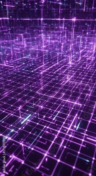 Fototapeta Glowing purple lines forming an intricate digital network grid, a futuristic concept of virtual reality and information technology
