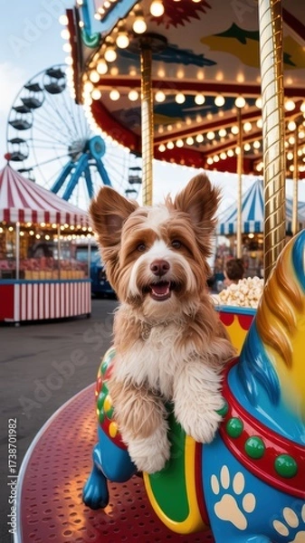 Fototapeta Happy Fluffy Dog Enjoying Carousel Ride at Colorful Amusement Park with Ferris Wheel in Background, Festive and Joyful Atmosphere