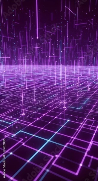 Fototapeta Vibrant digital matrix of glowing purple and cyan lines forming a futuristic network grid in a vast virtual reality space