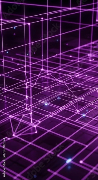 Fototapeta Glowing purple lines and nodes form a complex digital lattice, symbolizing future technology, connectivity, and big data streams