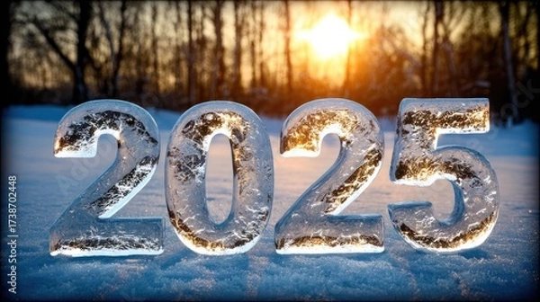 Fototapeta Ice Sculpted Year 2025 in Snow with Sunset Background