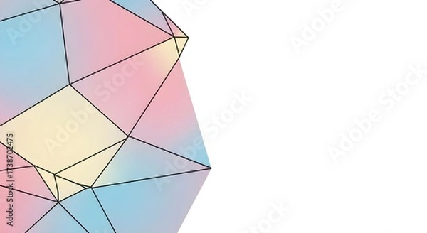 Fototapeta Abstract geometric background featuring a low poly crystal structure with a soft pastel holographic gradient and clean wireframe lines