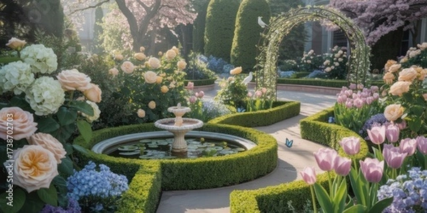 Fototapeta Elegant Formal Garden with Flowering Shrubs, Stone Fountain, and Archway in Sunlight - Tranquil Spring Floral Landscape