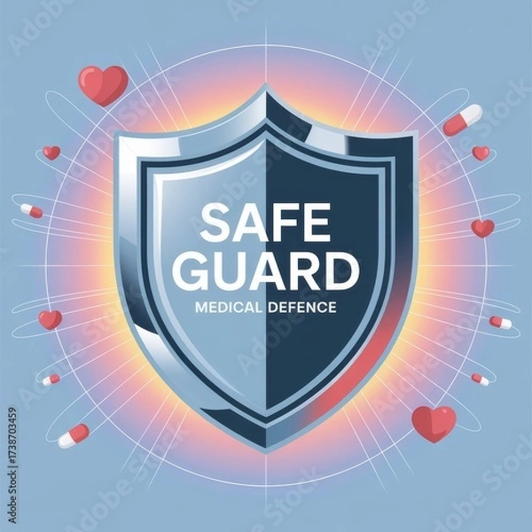 Fototapeta Medical Defense Shield with "Safe Guard" Text, Radiant Protection, Heart and Capsule Icons, Healthcare Security Concept Illustration