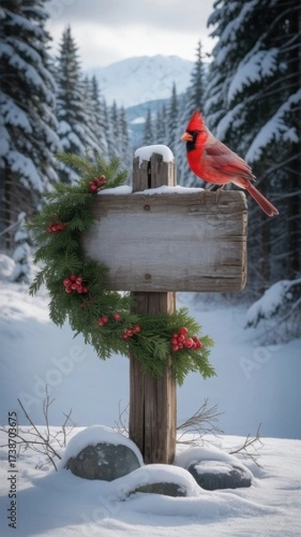 Fototapeta Winter Wooden Sign Post with Red Cardinal Bird and Festive Pine Garland in Snowy Forest with Mountains Background