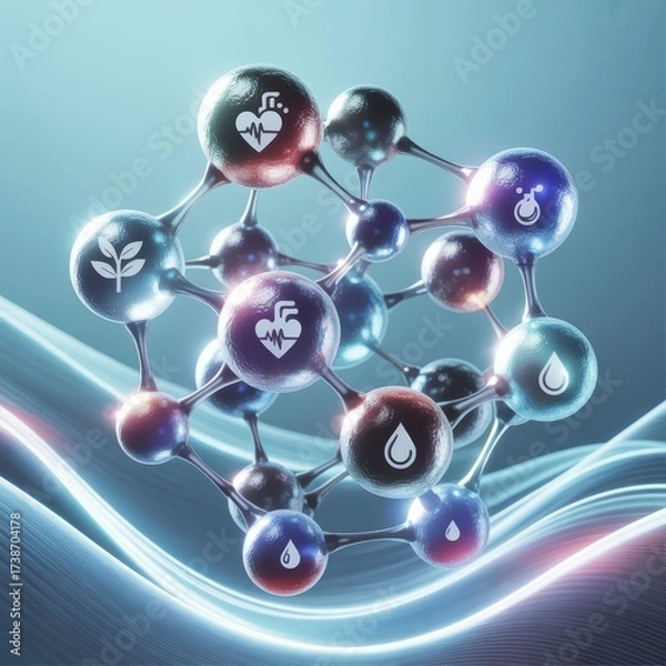 Fototapeta Futuristic Molecular Structure with Health and Nature Icons, Blue Abstract Background, Biotechnology and Science Concept Illustration