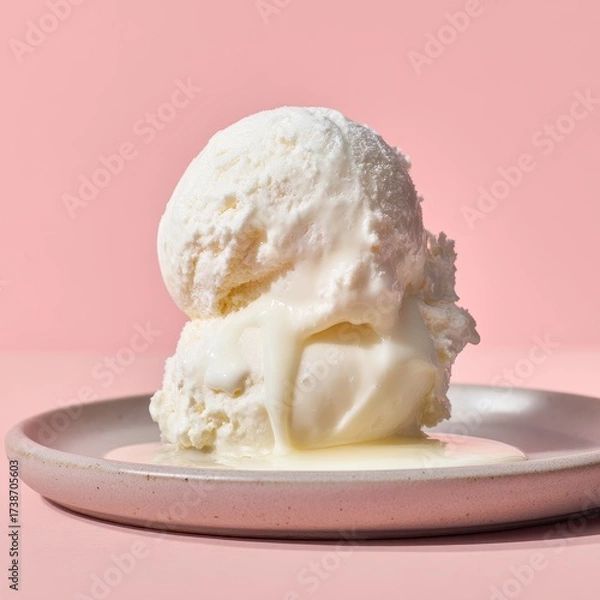 Fototapeta Luscious Vanilla Ice Cream Scoop Melting on a Pastel Plate Against a Bold Pink Studio Background.