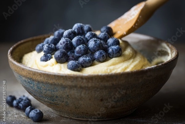 Fototapeta Appetizing Creamy Dessert with Fresh Blueberries in Rustic Bowl, Wooden Spoon, Healthy Snack.