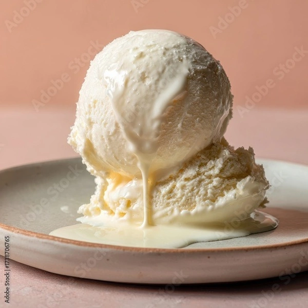 Fototapeta Creamy Vanilla Ice Cream Scoop Melting on Ceramic Plate, Soft Pink Background.