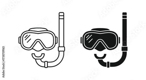 Fototapeta Two icons of a diving mask and snorkel, one in black outline and one as a solid silhouette, for snorkeling or scuba diving.