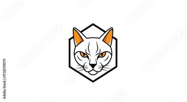 Fototapeta Illustration of a white cat head with orange ears and yellow eyes in a hexagon.