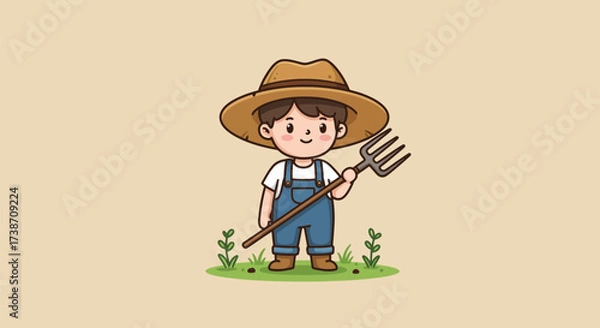 Fototapeta Cartoon Farmer Boy Mascot with Pitchfork Vector Illustration