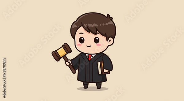 Fototapeta Cute cartoon chibi judge character holding a gavel and a law book, depicted in a simple, friendly style on a plain background.
