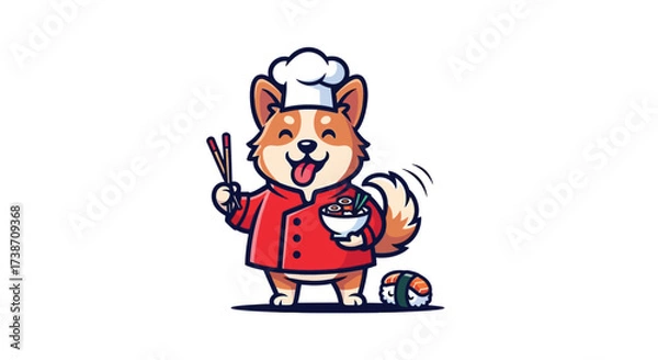 Fototapeta Adobe IllusCorgi Chef Mascot Cooking with Sushi Vector Illustrationtrator Artwork