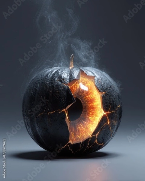 Fototapeta A Dark, Cracked Pumpkin Smolders, Revealing a Fiery Molten Lava Core.