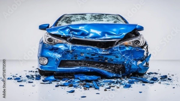 Fototapeta damaged blue car with crumpled front end, showcasing aftermath of collision. wreckage includes scattered debris on white background, emphasizing severity of accident