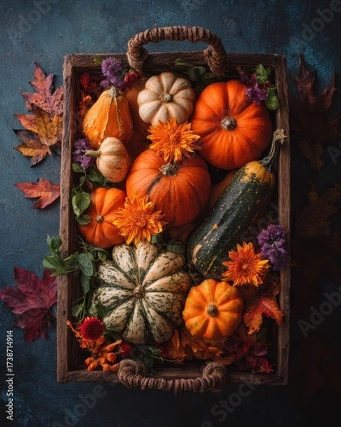 Fototapeta Rustic Autumn Harvest - Vibrant Pumpkins and Gourds in Wooden Tray, Top View.