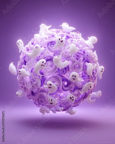 Fototapeta Whimsical Purple Orb Swarmed by Adorable Floating Ghosts in Ethereal Glow.