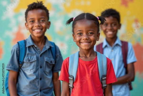 Fototapeta Three African american children happily pose together with backpacks in front of a vibrant mural, showcasing their excitement for a new school day and friendship. Back to school day. Generative AI.
