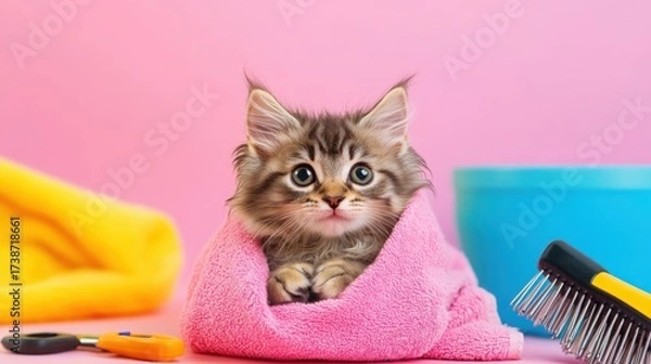 Fototapeta Adorable fluffy kitten wrapped in a pink towel, surrounded by grooming tools like a brush and nail clippers, against a bright pink background