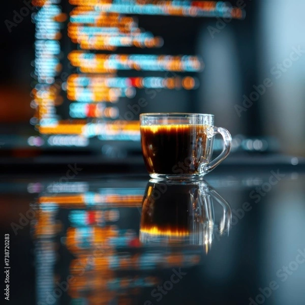 Obraz Coffee reflects code as a programmer sips during a late-night brainstorming session