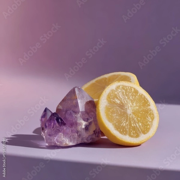 Obraz Sliced lemon and amethyst crystal basking in soft lavender tones