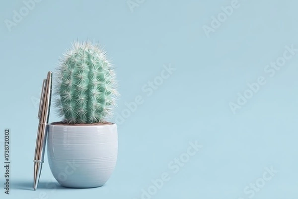 Obraz Small cactus in a stylish pot with a chrome pen against a pastel blue background for modern decor