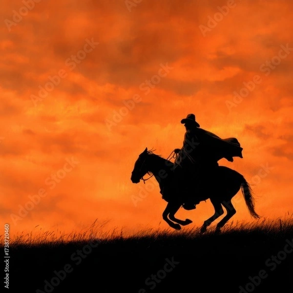 Obraz Rider on horseback against a fiery orange sky, cloak flowing in the wind at sunset