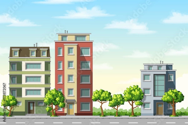 Obraz Illustration of colorful modern family houses with trees