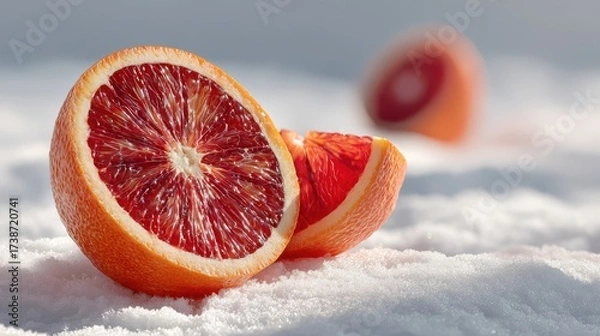 Obraz Sliced blood orange resting on soft snow with delicate winter shadows illuminating the scene