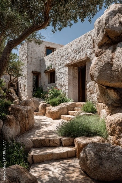 Obraz Charming Mediterranean villa surrounded by rosemary and olive trees in a summer setting