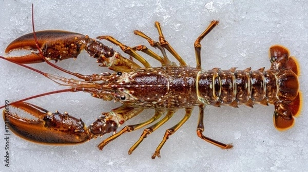 Fototapeta Fresh spiny lobster or sea crayfish on crash ice, preparation for cooking common Mediterranean lobster on concrete gray background, view from above, close up