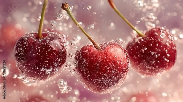 Obraz Cherries dancing in water, creating bubbles against a dreamy pink backdrop