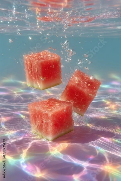 Obraz Three delicate watermelon cubes sinking gracefully in shimmering water with soft pastel colors