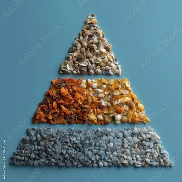 Obraz Seashells arranged in a colorful triangle on a serene blue surface