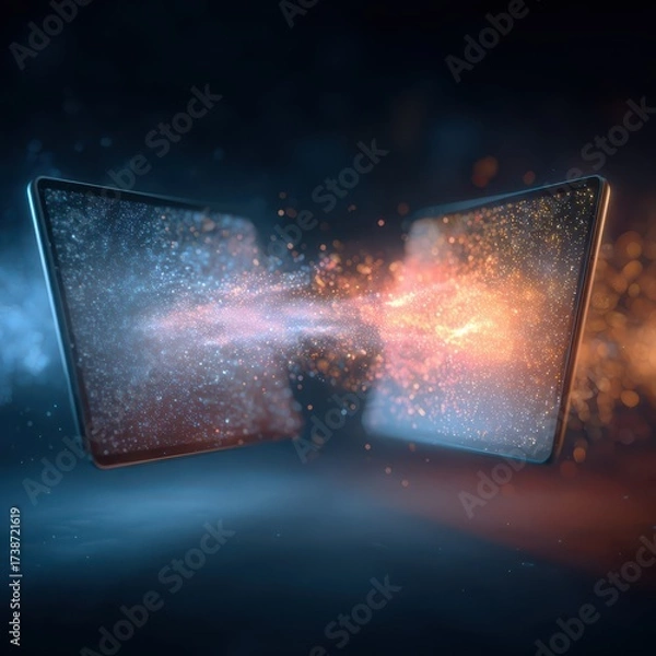 Obraz Business tablets exchanging digital particles create a dynamic synergy in an abstract setting