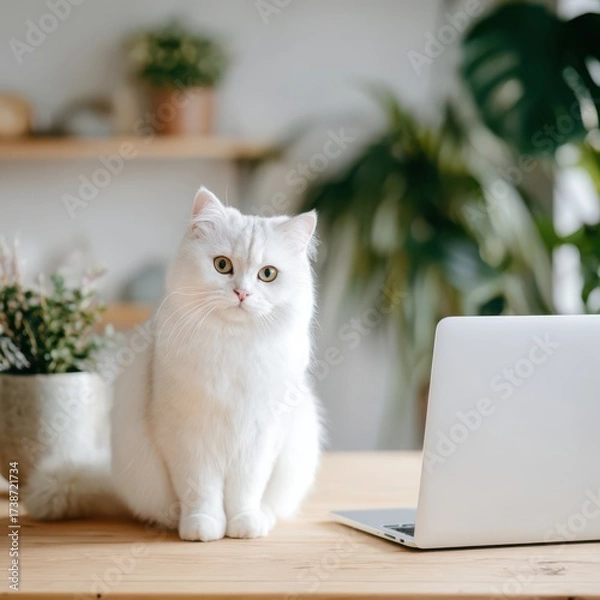 Obraz White cat relaxing by a laptop on a stylish wooden table in a cozy indoor space