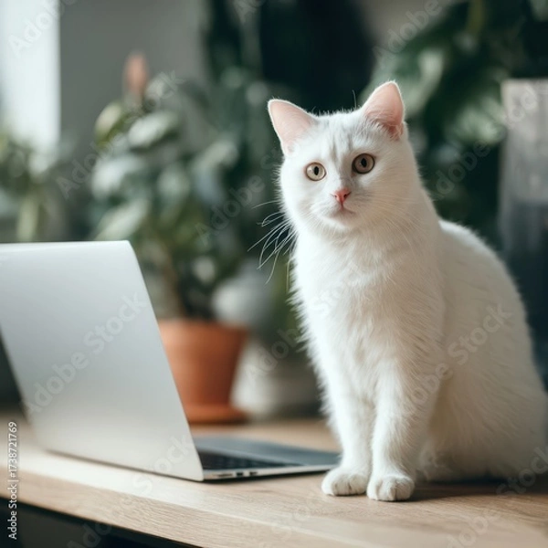 Obraz White cat observes the quiet workspace beside a closed silver laptop on a wooden table