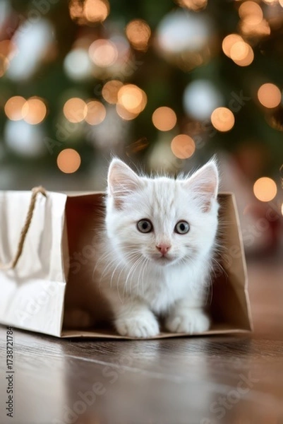 Obraz Curious white kitten explores holiday gift bag on cozy office floor with festive background
