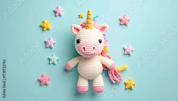 Fototapeta Cute handmade crochet monster unicorn toy, colorful yarn, whimsical design, studio or lifestyle setting.