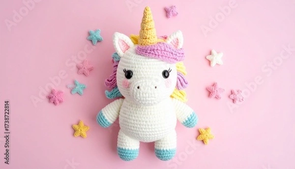 Obraz Cute handmade crochet monster unicorn toy, colorful yarn, whimsical design, studio or lifestyle setting.
