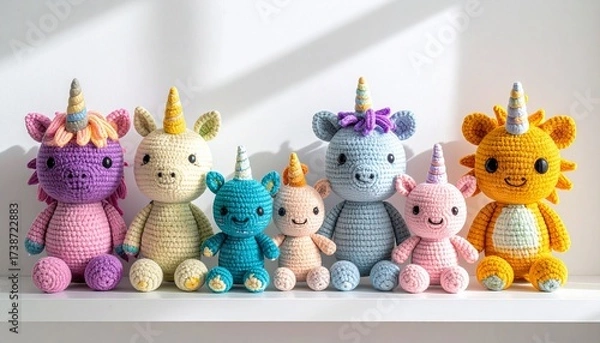 Fototapeta Cute handmade crochet monster unicorn toy, colorful yarn, whimsical design, studio or lifestyle setting.