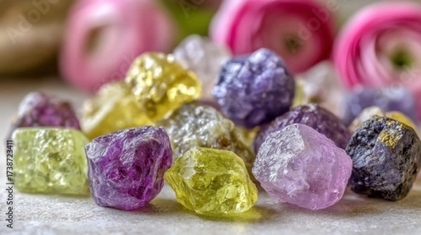 Fototapeta Gemstones for esoteric spiritual practice. Reiki therapy concept. Feng Shui, Healing Crystal Ritual, Witchcraft, Relax Chakra, litho therapy. Crystals with flower ranunculus on white table.