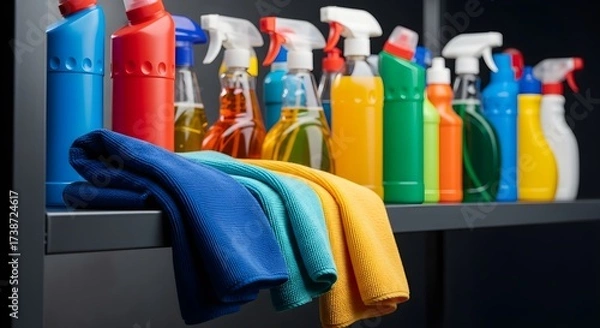 Fototapeta Colorful Cleaning Products on a Shelf with Microfiber Cleaning Cloths for Home Use