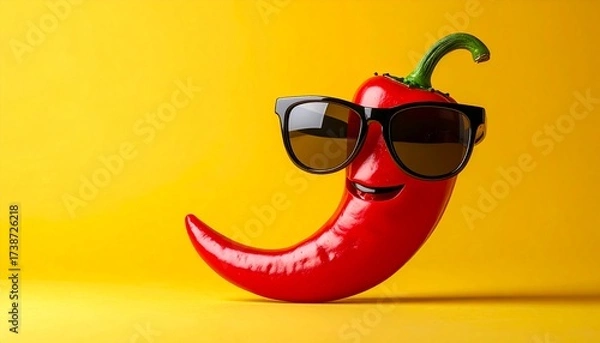 Fototapeta Playful red chili pepper with a smile and sunglasses on bright yellow background, fun food concept.