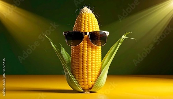 Fototapeta Funny corn cob with sunglasses under bright spotlight, humorous food concept with playful character style.