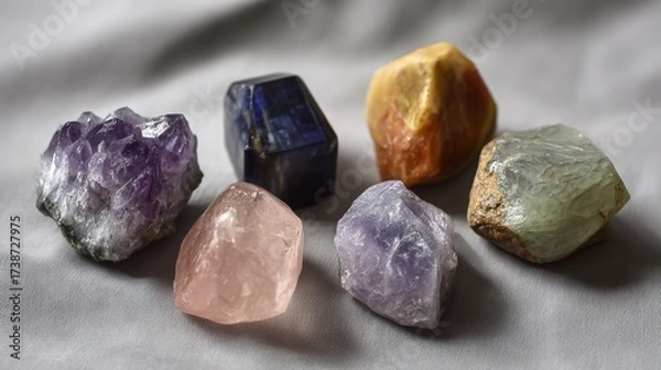 Fototapeta Healing reiki chakra crystals over fabric background. Gemstones for wellbeing, harmony, meditation, relaxation, metaphysical, spiritual practices. Energetical power concept