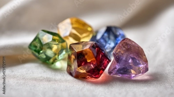 Fototapeta Healing reiki chakra crystals over white fabric background. Gemstones for wellbeing, harmony, meditation, relaxation, metaphysical, spiritual practices. Energetical power concept