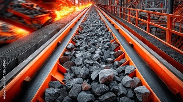 Fototapeta Loading stones and sand onto the conveyor belt of the sorting plant. Machine for crushing stone. Conveyor belt of heavy machinery loads stones and gravel. Industrial background