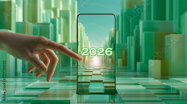 Obraz 未来都市にタッチするスマートフォンと2026